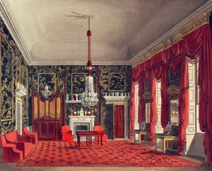 El salón de desayuno de la reina, Buckingham House, grabado por Daniel Havell (1785-1826) de «The History of the Royal Residences» de William Henry Pyne (1769-1843), publicado en 1817